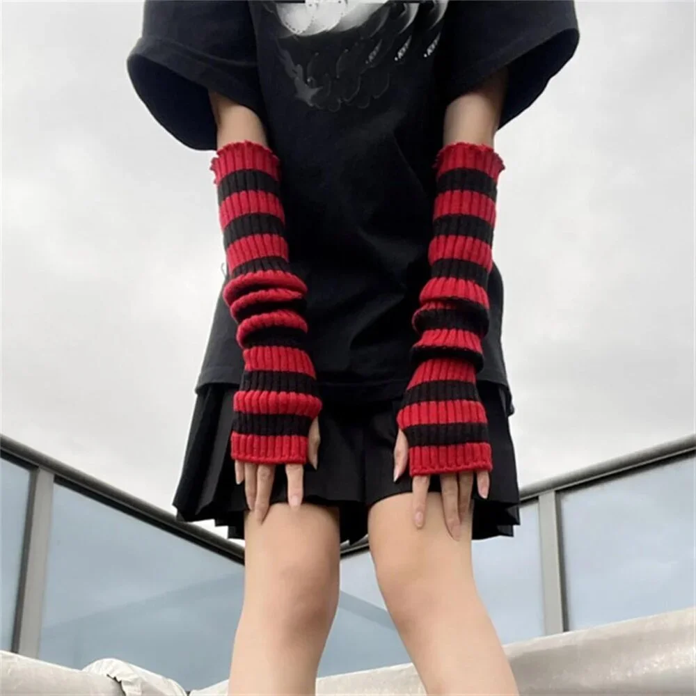 Goth Arm Warmers Y2K Arm Sleeves Fingerless Gloves for Women Black Red